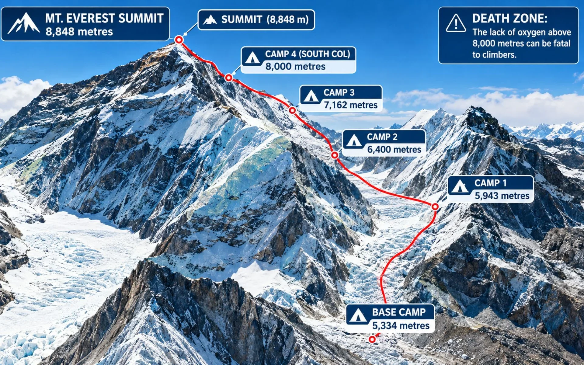 An infographic showing the climbing route on Mount Everest from Base Camp to the summit.