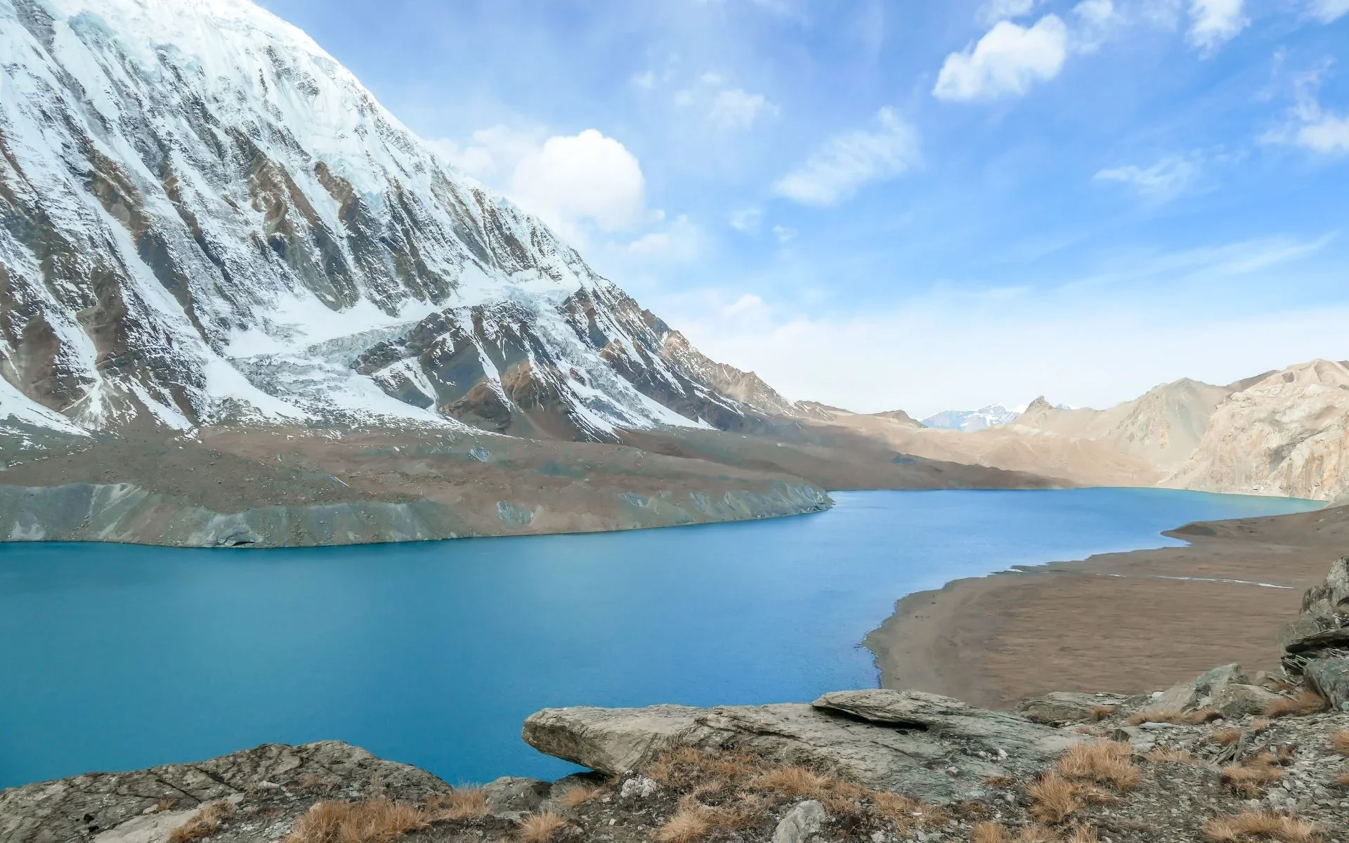 A wide-angle view of the turquoise waters of Tilicho Lake in Nepal