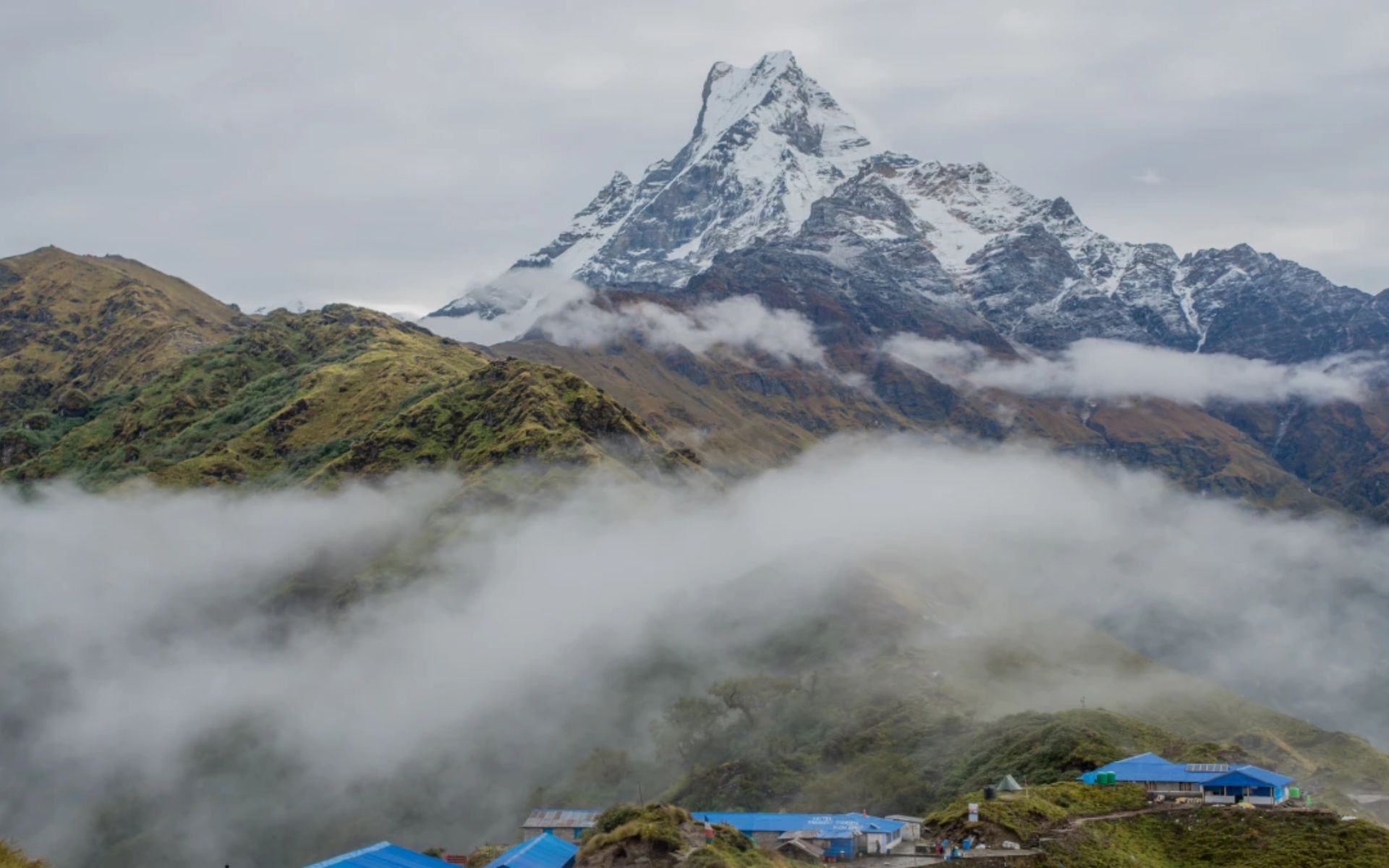 Close-up, panoramic views of the Annapurna Massif right from a quiet alpine ridge in Kaski, Nepal.